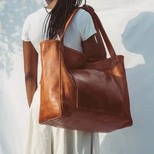 

Large Capacity Bag with Pockets Soft Leather Handheld One Shoulder Vintage Oil and Wax Leather 2023 New Tote Bag for Women