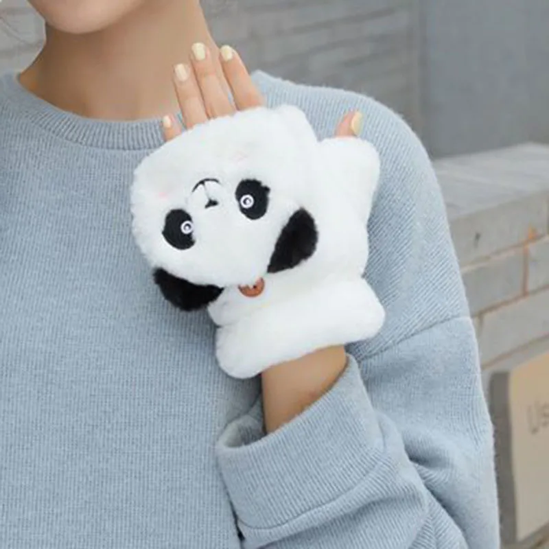 여성용 귀여운 겨울 봉제 고양이 장갑, 손가락 없는 장갑, 사랑스러운 봉제 따뜻한 장갑, 부드럽고 두꺼운 장갑, 여자 반 손가락 장갑