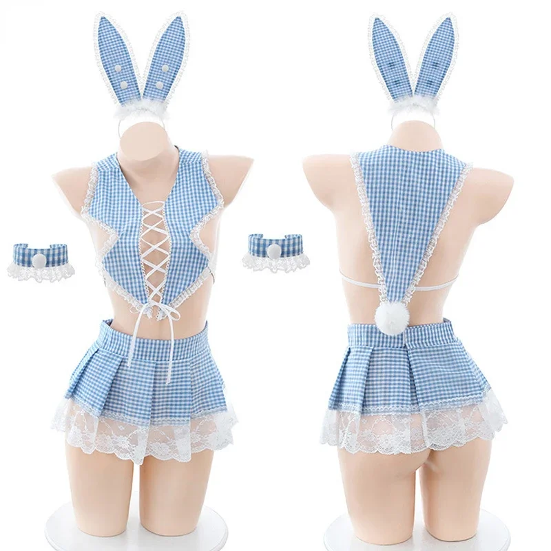 

Anime Girl Blue Plaid Rabbit Ear Maid Uniform Women Bunny Lace Pleated Skirt Outfit Costume Cosplay Lace Underwear Set Role Play