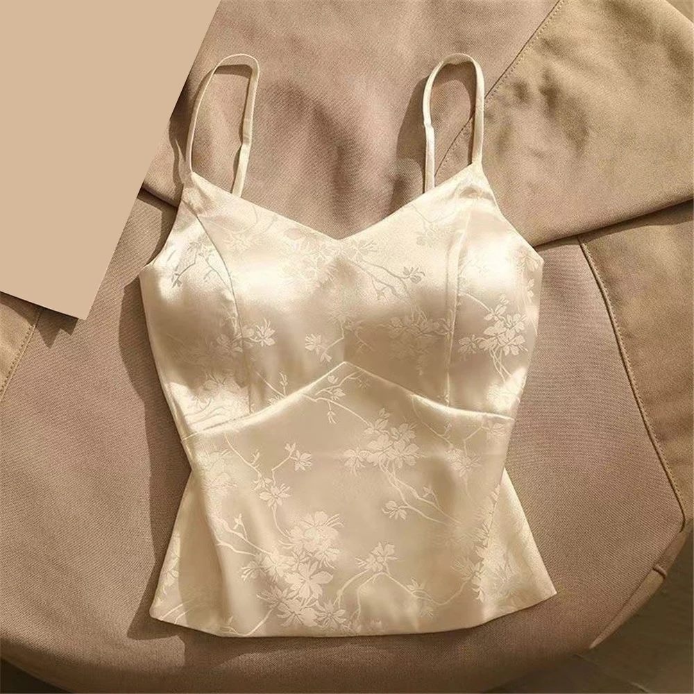 New Camisoles Women Fit Jacquard Satin Bottoming Sleeveless Chinese Style Tops With Breast Pads Summer Sexy Girls Clothing