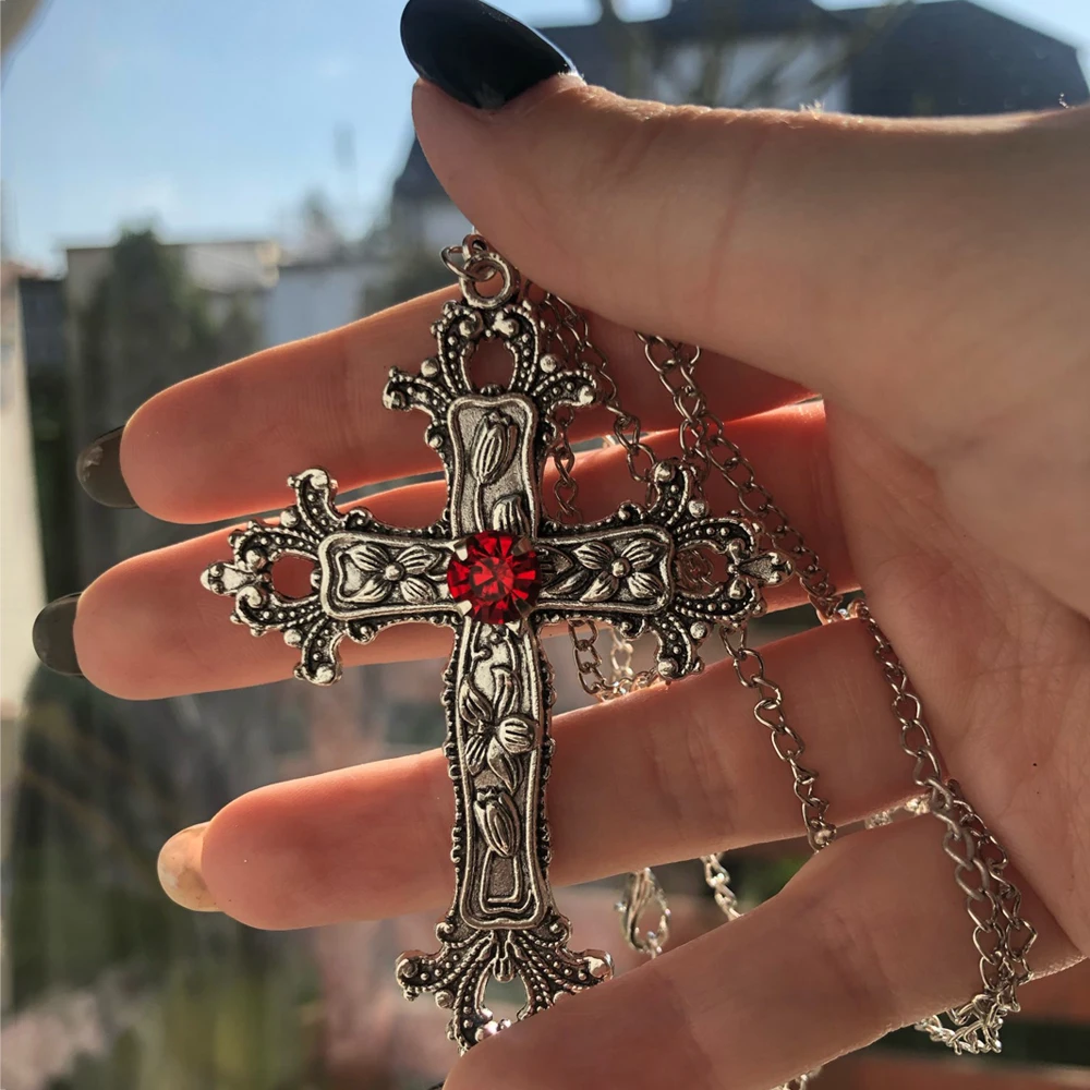 Cross Goth Choker Necklace, Gothic Choker with Large Cross Pendant, Cross Amulet Gothic Jewelry, Large Cross Pendant Goth Jewelry