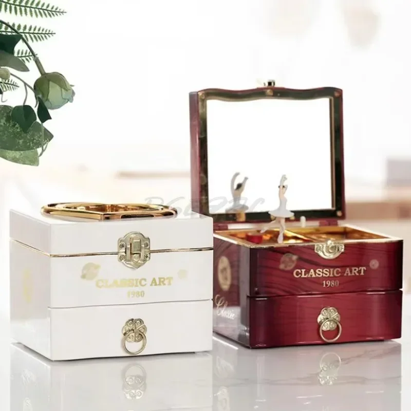 Classic Rotating Music Box Creative Dancing Girl Clockwork Jewelry Storage Box with Mirror Ornaments Birthday Christmas Gifts