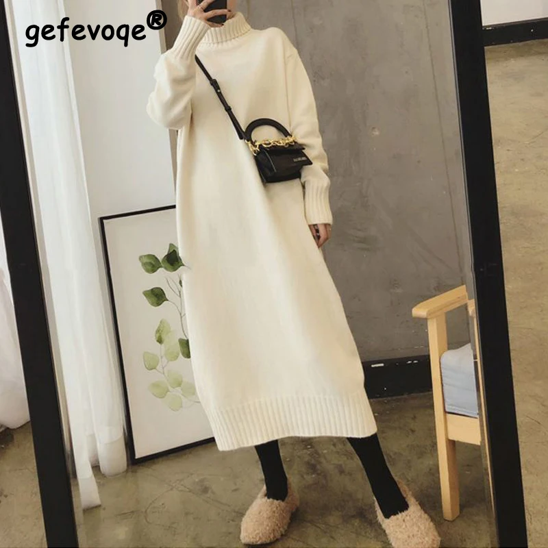 

Womens Clothing Autumn Winter Turtleneck Casual Streetwear Y2K Basic Midi Dress Trendy Simple Long Sleeve Loose Pullover Dresses