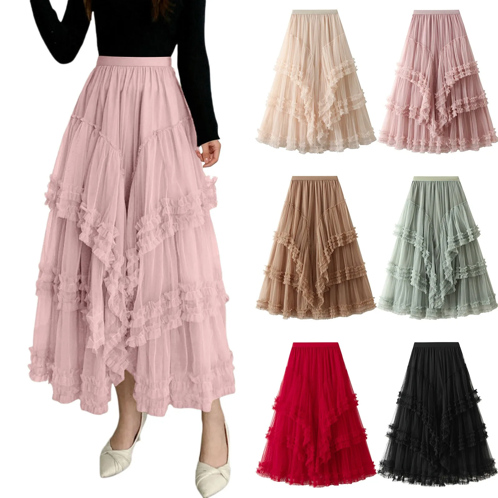 

Women's A Line Tulle Party Dinner Tutu Skirt Brown Stretchy High Waisted Flared Skirt Festival Skirt Rave Skirt