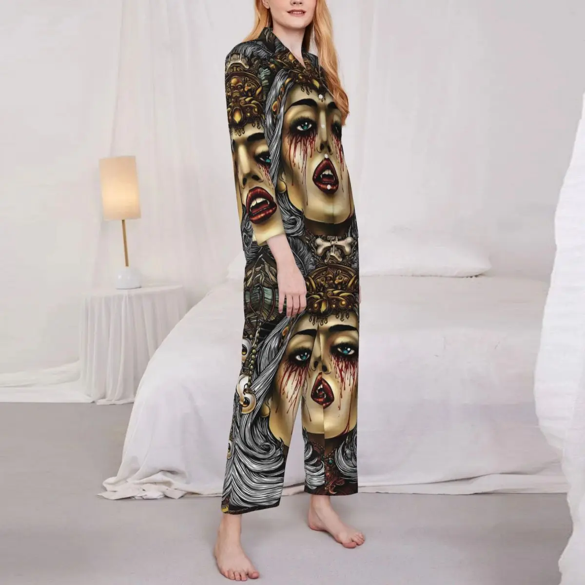 

Пижама женская с принтом королевы, спальная одежда, ретро пижамный комплект из 2 предметов с длинным рукавом, милый домашний костюм оверсайз