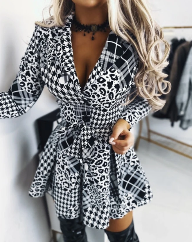 

Houndstooth Leopard Split Collar Workwear Long Sleeved New Fashion Hot Selling Flip Collar Casual Dress Mini Dress