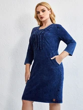  LIH HUA Women's Plus Size Denim Dress Autumn Chic Elegant Dresses For Chubby Women Cotton Knitted Dress 