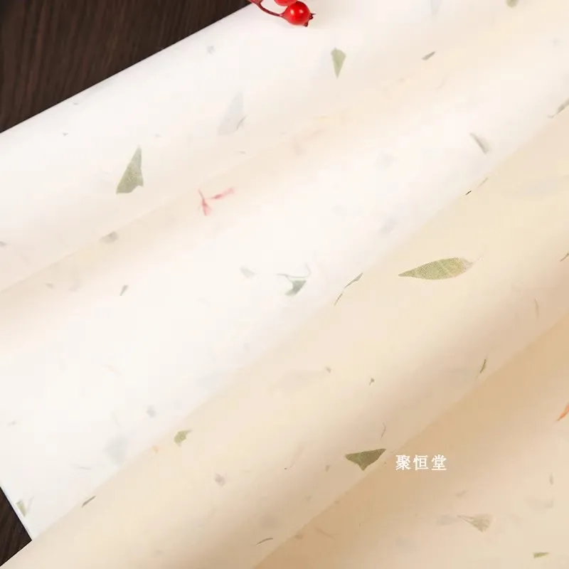 10장 반생반숙 쌀종이, 붉은 꽃차 잎 포함, 전통 중국 예술 종이, 붓글씨 및 그림용