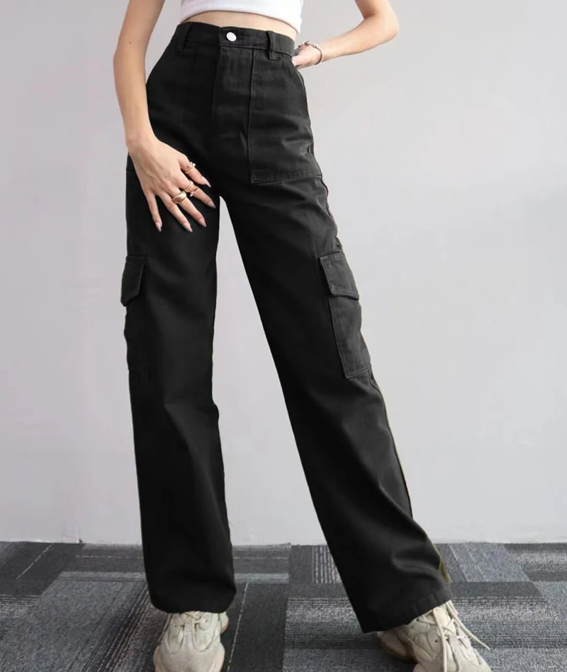 Casual New Summer Korean Style Multi-Pocket Cargo Pants Women Loose Straight Trousers Denim Baggy Pants Pantalon Femme Clothing