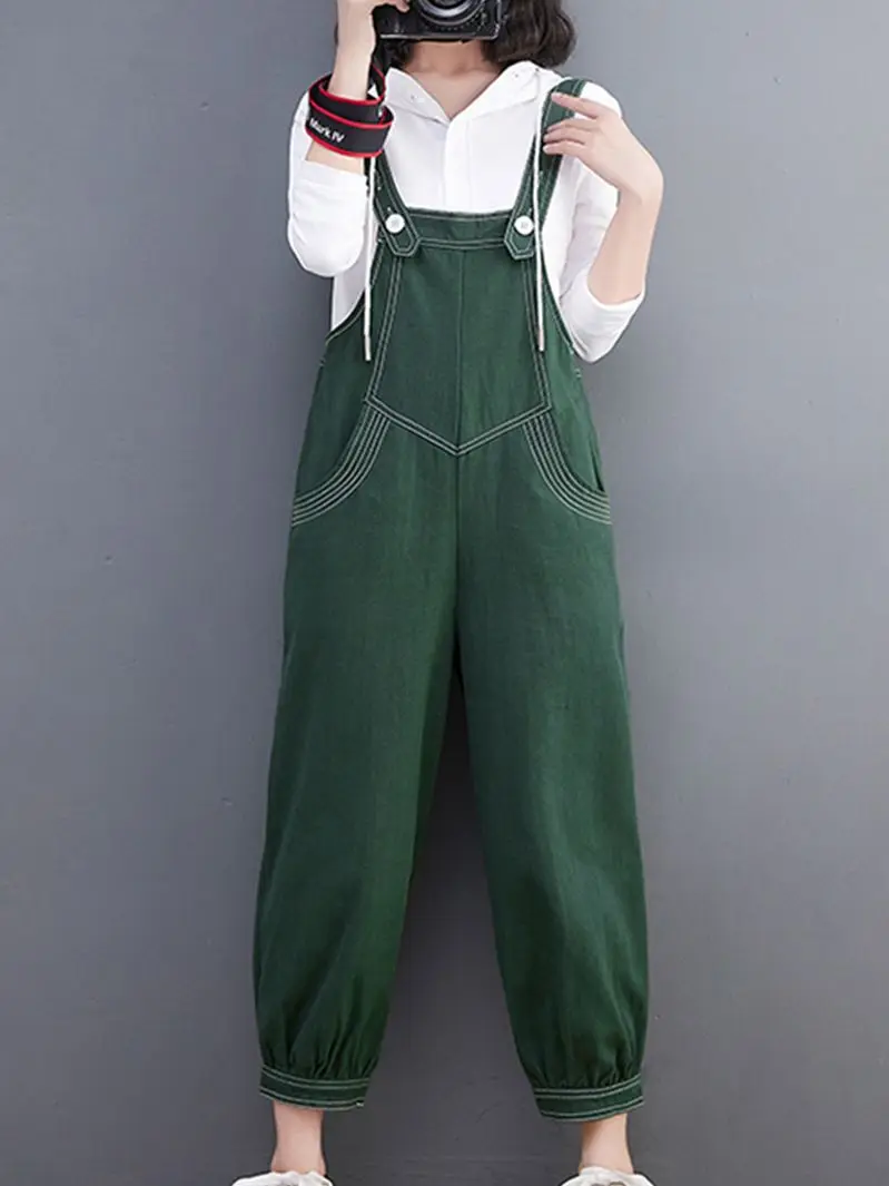 

Women's Literary Retro Casual Loose Solid Color Overalls High Waist Wide Leg Pants 2022 Fashion Rompers Autumn One-piece Pants