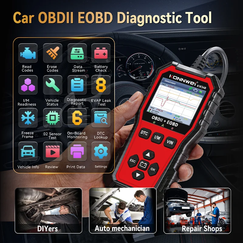 KONNWEI Car OBD2 Scanner KW340, CAN EOBD Diagnostic Tool with Engine Battery Test Fault Code Reading Clearing and Real Time Data 2026 - Image 2
