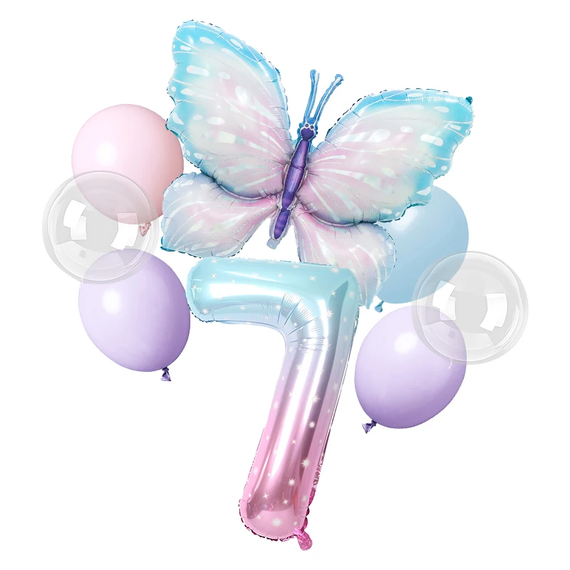 thumbnail image 1 of Decoración de fiesta de cumpleaños con mariposas, vajilla, platos de papel, vasos, fondo de mariposa morado y rosa, pancarta, regalos para bebés y niños, 1 of 5