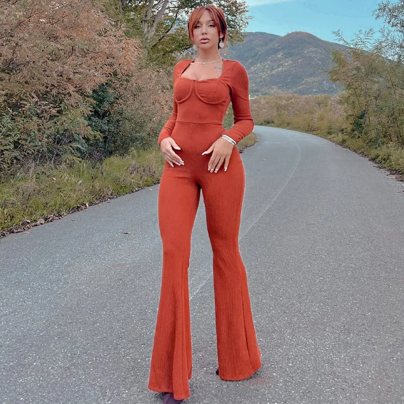 

Rompers Womens Jumpsuits Elegant Long Sleeve Overalls Night Party Square Neck Playsuits Slim Outifts Streetwear 2022