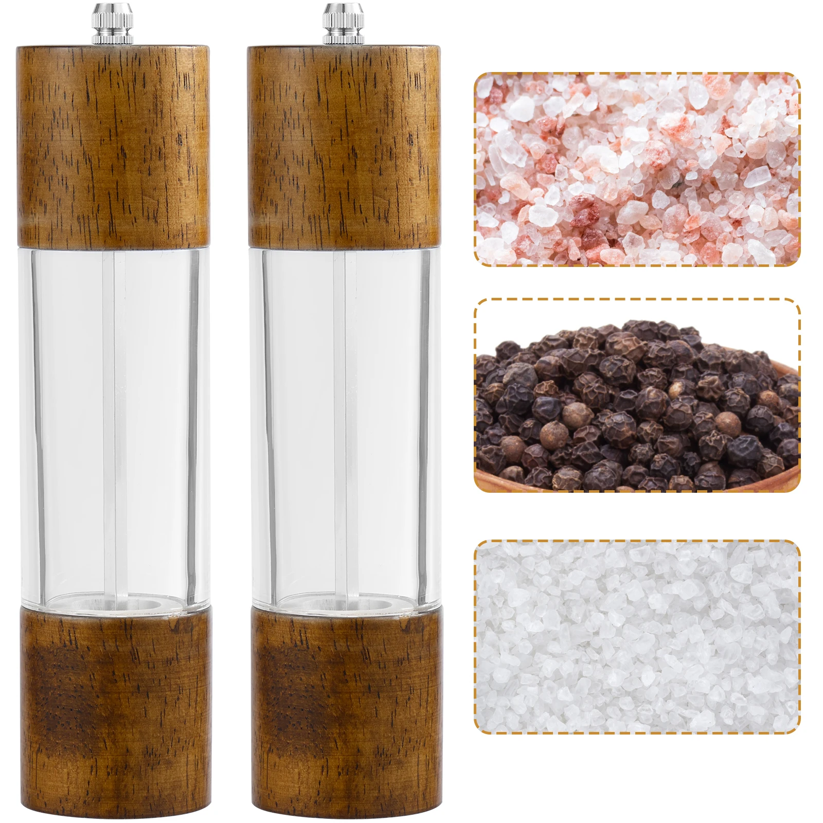 2Pcs Manual Pepper Grinder Wooden Spice Grinder with Adjustable Ceramic Core Sea ​​Salt Grinders for Cooking Kitchen Accessories