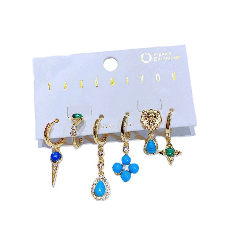 Yakemiyou 6pcs Turquoise Water Drop Star Dangle Earrings Set with Ear Cuff Gold Color Women Jewelry 6