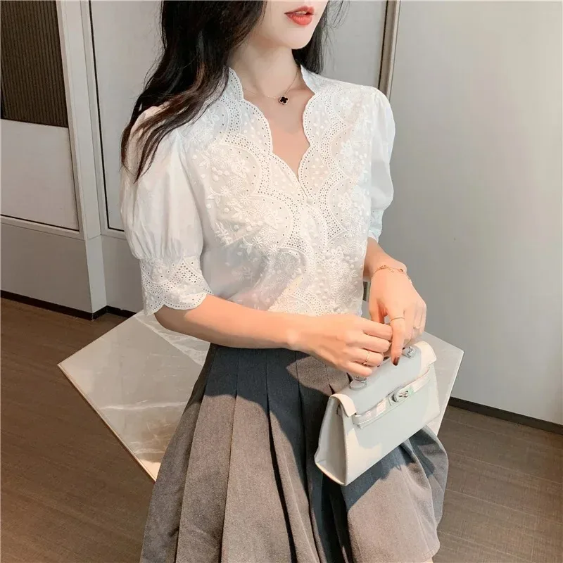 Women's Embroidery Hollow Out Blouse Casual White Tops Short Sleeve Blouses Sweet Summer 2025 13102