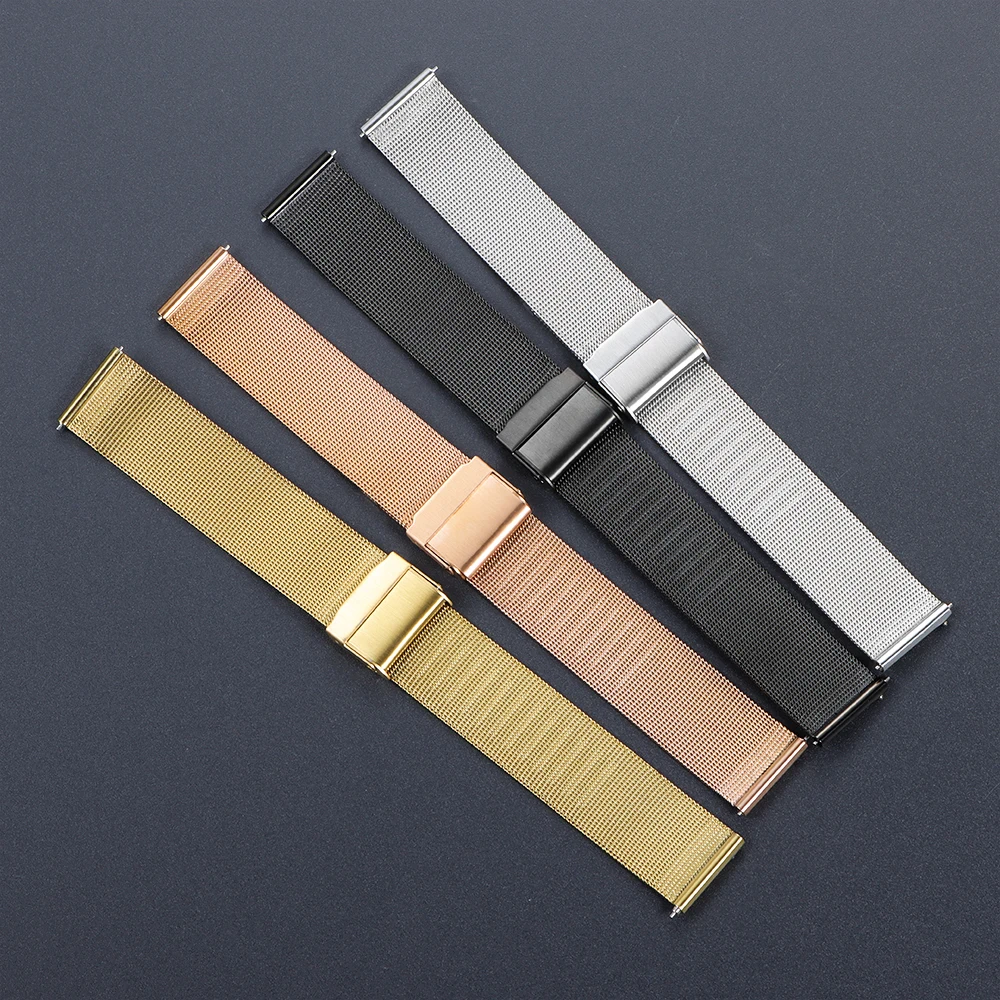 Elegant Milanese Stainless Steel Watch Band - Quick Release Strap with Double Safety Buckle in Black, Gold, or Silver