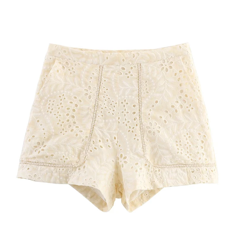 Bermuda Shorts 2 Pieces Sets For Women 2025 New Fashion Hollow Out Embroidery Shirt Top Shorts Set Casual Woman Outfits