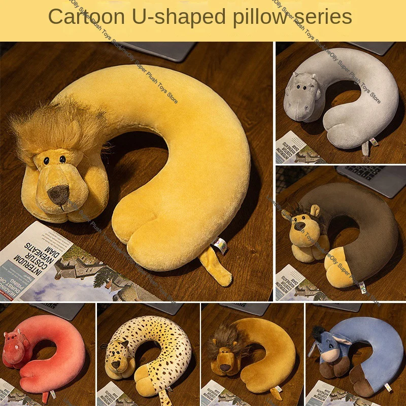 Creative Cartoon Stuffed Animals Plush Nap Pillow Cute Lion Hippo Donkey  Rest Airplane Travel Neck Pillow Anime Soft Toys Gifts