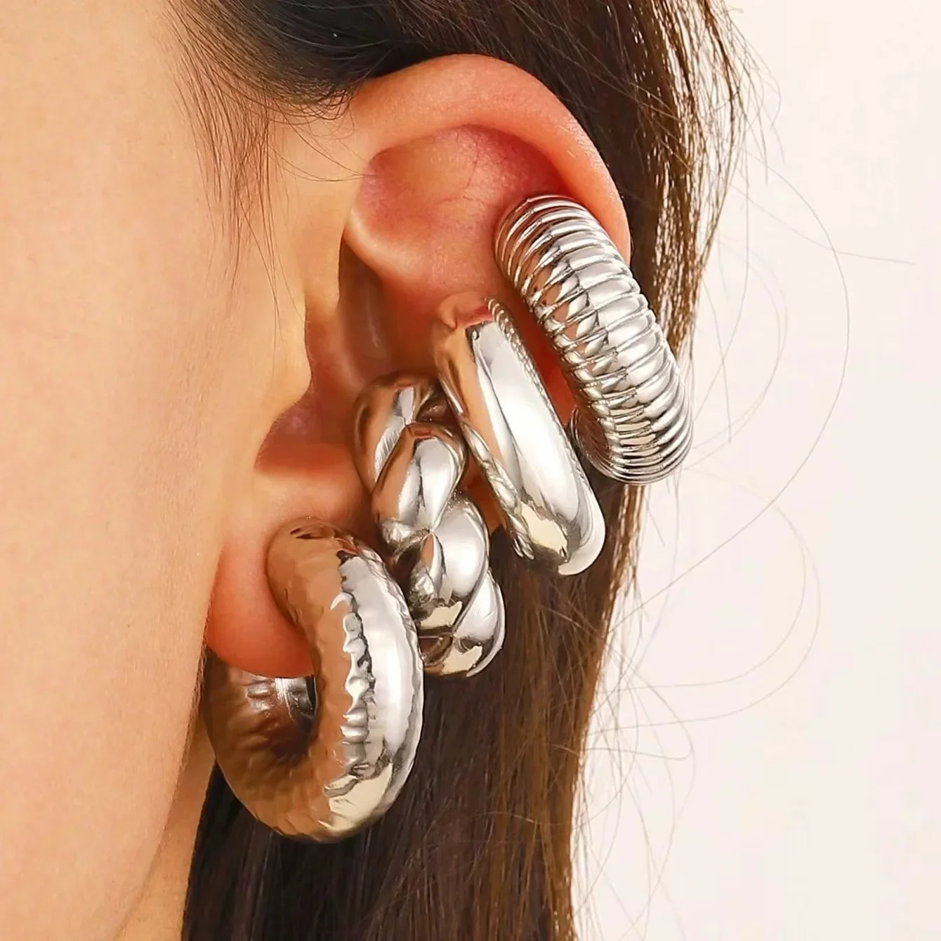 Clip Earrings 4Pc/set Vintage Geometric Women Glossy C Shape No Piercing Fake Cartilage Ear Cuff