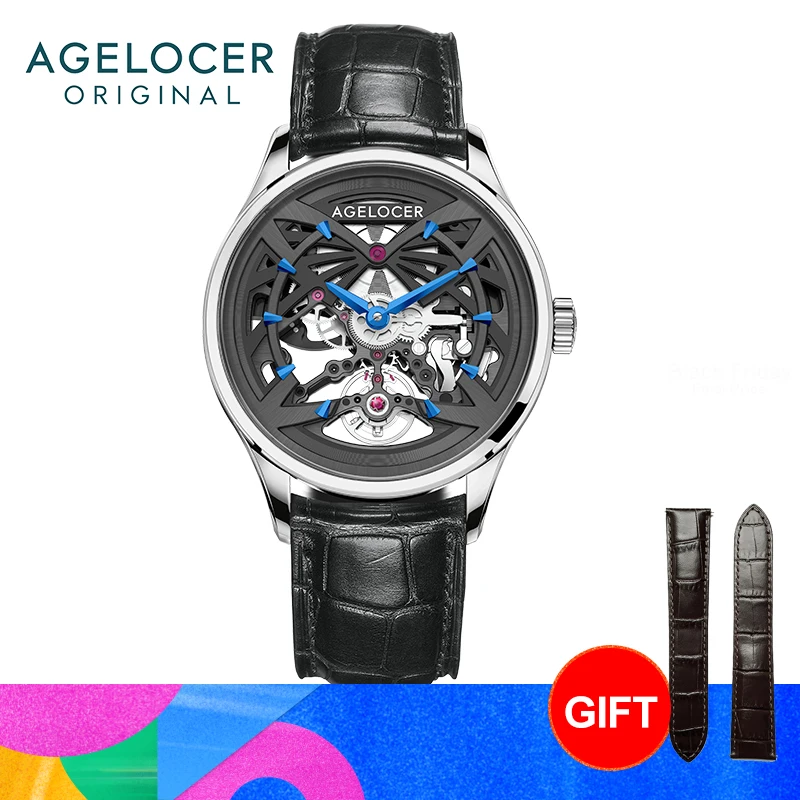 AGELOCER Original Schwarzwald Watch Men's Business Formal Skeleton Automatic Mechanical Watch Birthday Gift for Men