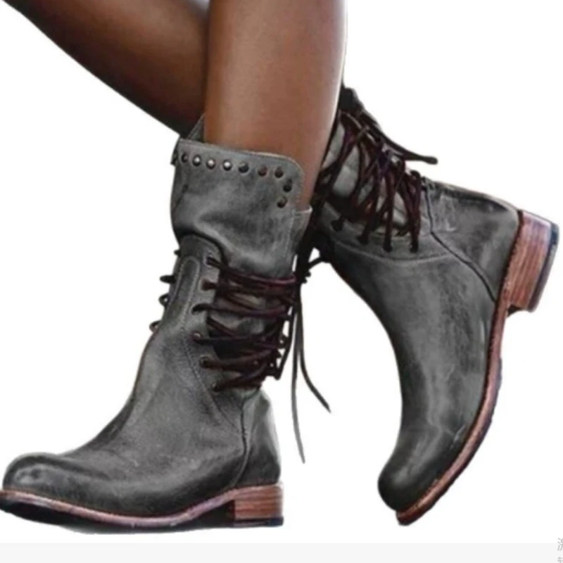 2025 Winter Women's Ankle Boots Cross Tied Shoes Chunky Heel Rivet Vintage Fashion Casual Designer Women Western Mid Calf Boots