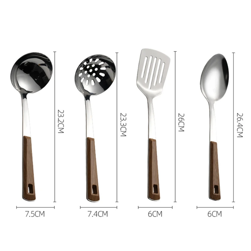 Kitchen Utensils Stainless Steel Cooking Tool Set Wooden Handle Spatula Soup Spoon Restaurant Frying Sharp Shovel Colander Kitchen Utensils