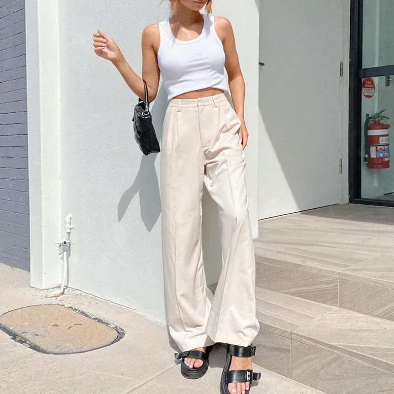 2024 Summer High Waist Wide Beige Casual Long Pants New Temperament Thin Loose Solid Color Suit Wide Leg Pants Fashion Trousers