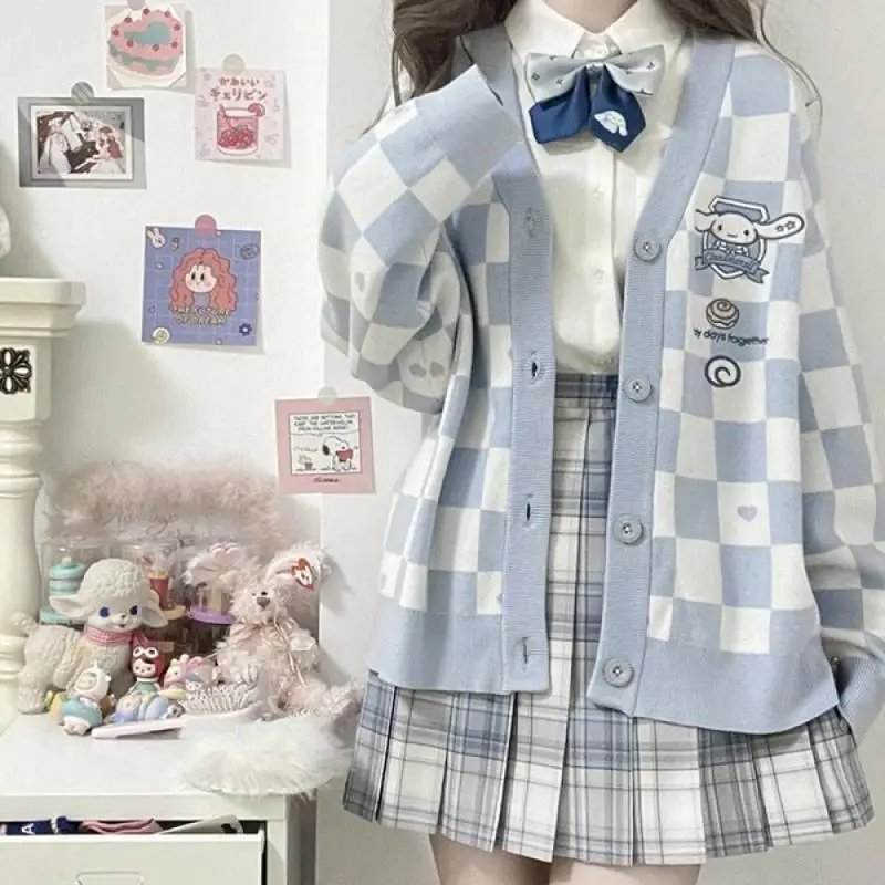 Anime Sanrioed Pompompurin Girl Cardigan Sweater Kuromi Kawaii Cinnamoroll Spring Autumn Knit Coat Preppy Loose Sweet Embroidery 4
