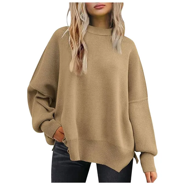 Fashion Solid Crew Collar Knitted Crew Neck Batwing Long Sleeve Knit Side Slit Pullover Women'S Clothing свитер женский оверсайз 2