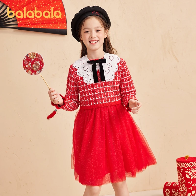 

Balabala Kids Girl Dress Spring Knitted Comfortable Mesh Princess Dress