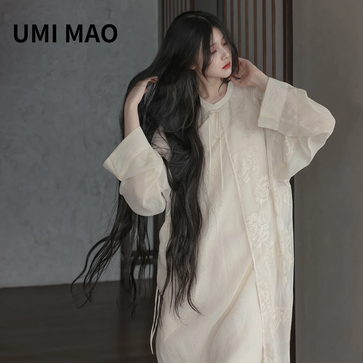 UMI MAO Chinese Style Homemade Improved Embroidery Stitching Loose Long-sleeved Cool Dress Elegant Female Women Y2K