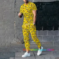 2 Piece Set Outfits Summer Tracksuit For Men Trousers Yellow Duck Print Short Sleeve T Shirt+Long Pants Casual Suit Male Clothes 1