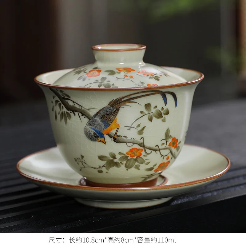 Handmade Ceramic Gaiwan Chinese Teacup Hand-painted Flowers Sancai Tea Tureen Travel Tea Bowl Porcelain Teaware Set Accessories tea set