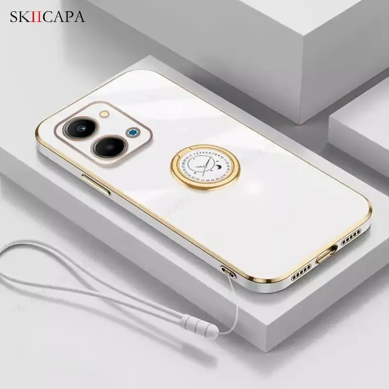 Plating Silicone Lanyard Phone Case with Ring Holder and Soft Cover