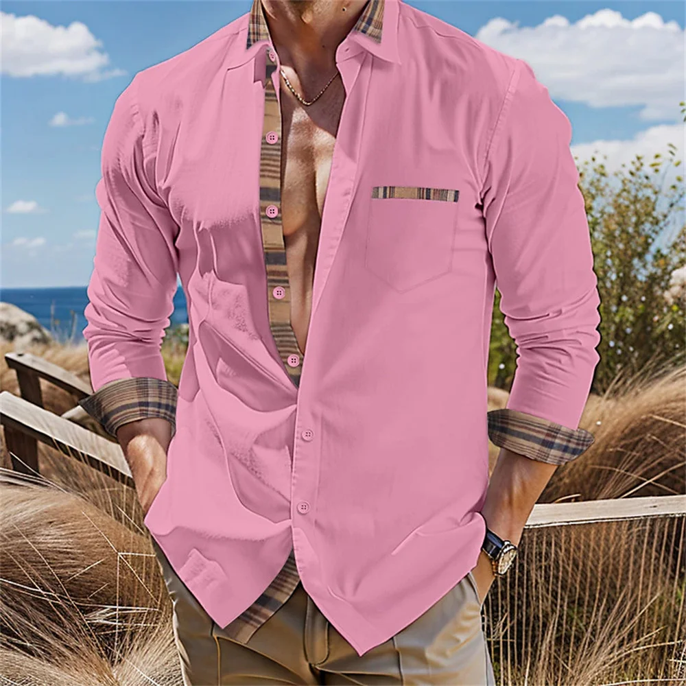 

Men's casual shirt black and white long sleeved plaid color lapel daily vacation pocket clothing comfortable, loose, elegant