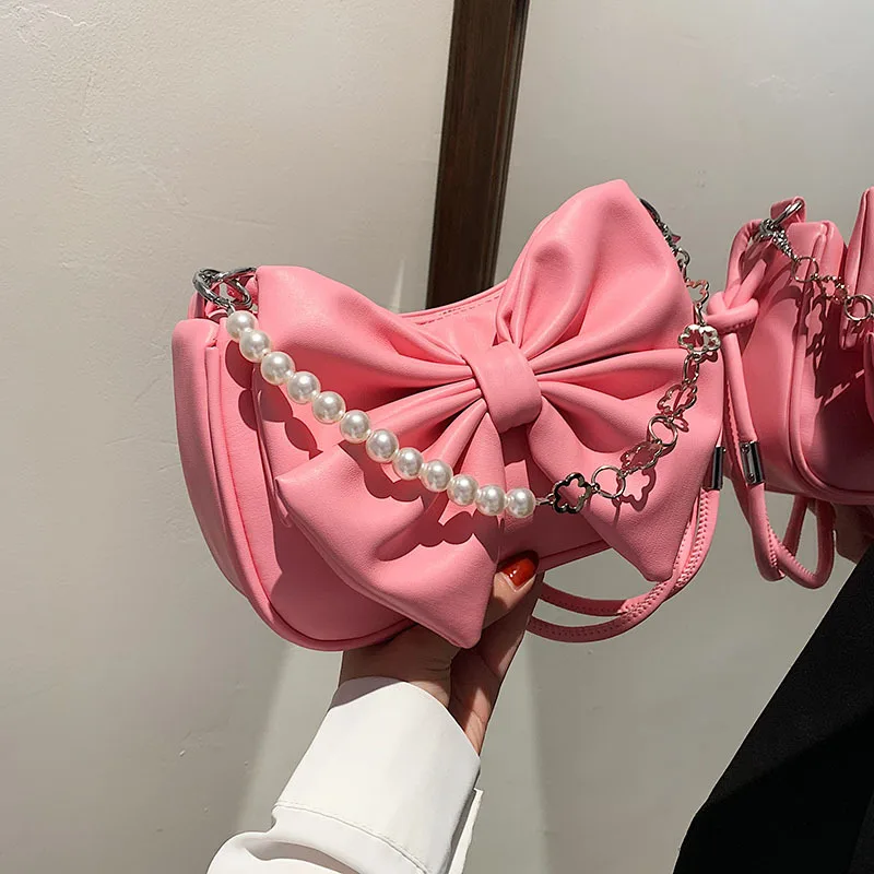 HAEX New Design Women's Bag 2022 Trend Fashion Bow Pleated Underarm Shoulder Bag Individuality Summer Chains Beading Handbag