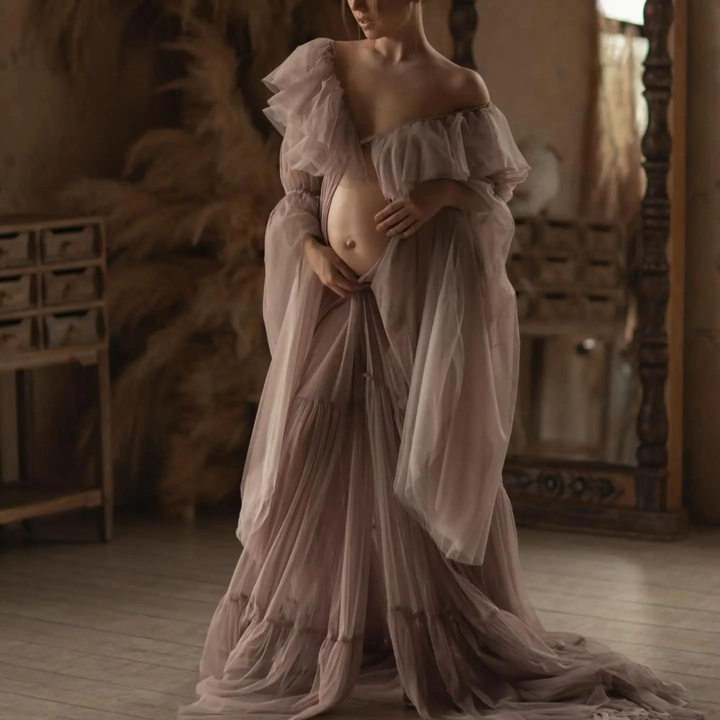 

Boho Style Lace Up Prom Dresses for Women Tulle Long Sleeves Flowy Maternity Photoshoot Gown Women Pregnancy Dress