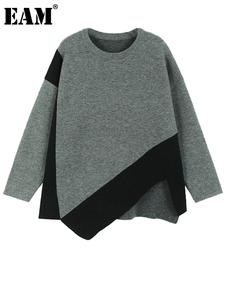 

Женский свитер с круглым вырезом EAM, асимметричный вязаный свитер большого размера с длинными рукавами, весна-осень 2024, 1DH2748