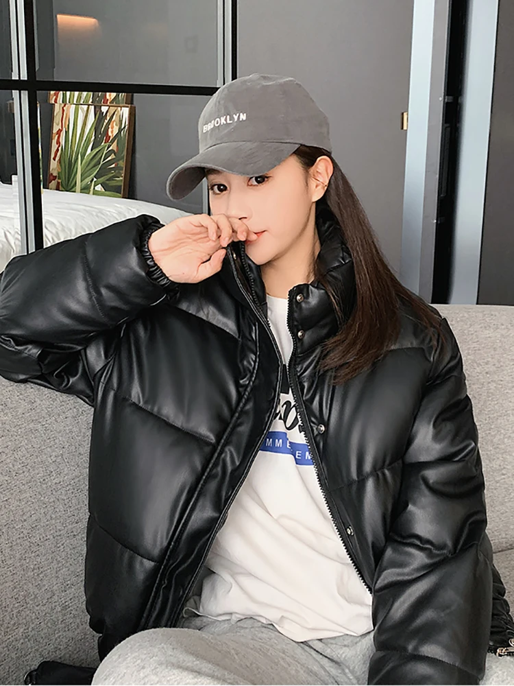 Winter Warm Thick PU Leather Coats Women Short Parkas Fashion