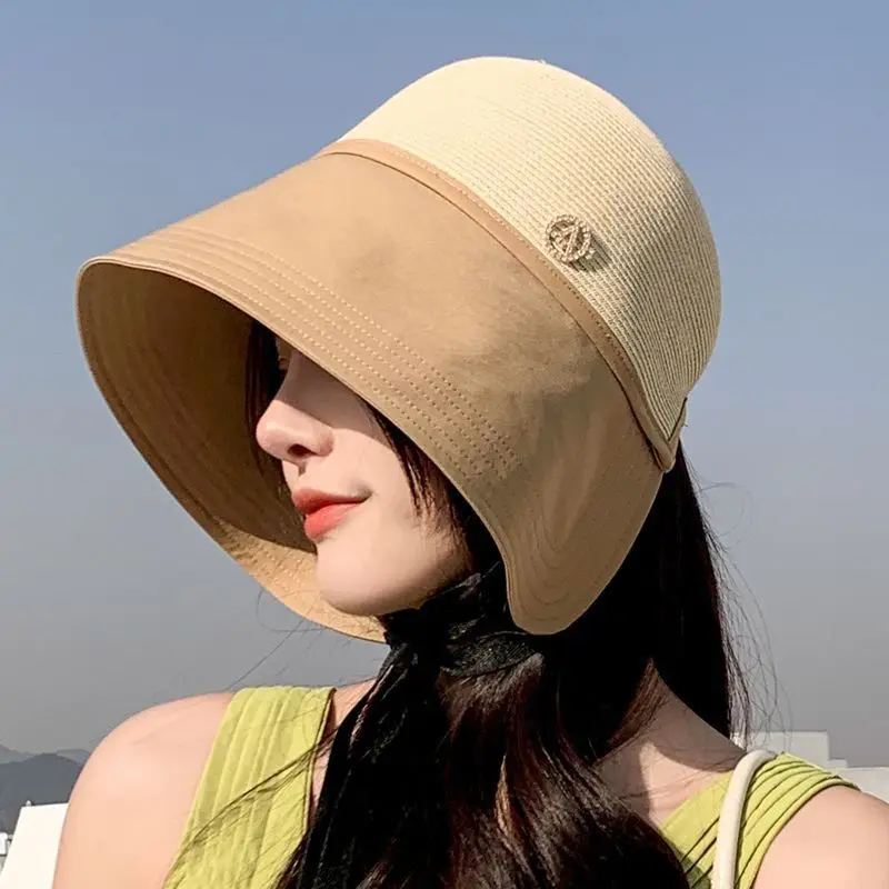 여성용 봄 가을 버킷햇 자외선 차단 양지에 예술적인 어부 모자 한국 스타일 팟햇 트렌디 레터링