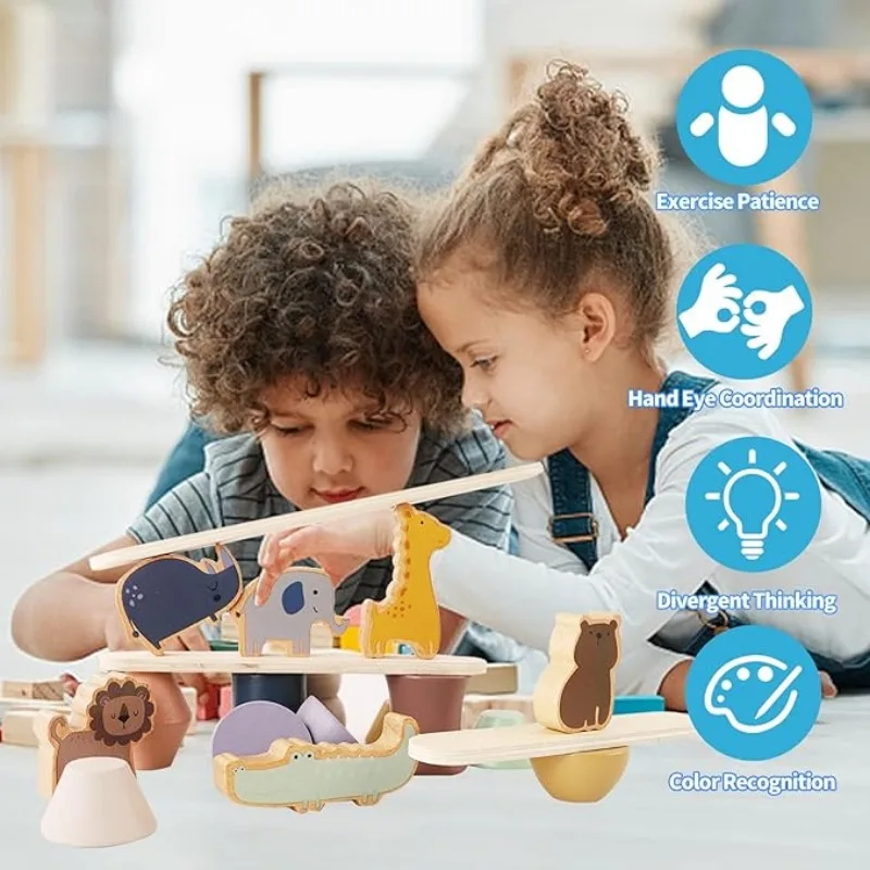 Wooden Stacking Toys for Toddlers Animals Stacking Blocks Balance Game Preschool Montessori Educational Toys for Kids Boys Girls