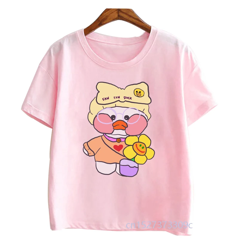 

Kids New Lalafanfan Tshirts Cartoon Kawaii Cafe Duck Plush Toy Graphic Print Girls Pink T-Shirt Casual Clothes Birthday Gift Top