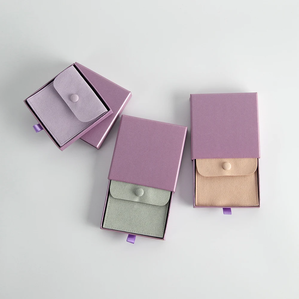 

Drawer Cardboard Box 9*9*1.7cm Wedding Necklace Earrings Ring Jewelry Packaging Slide Gift Box with Microfiber Gift Button Bags
