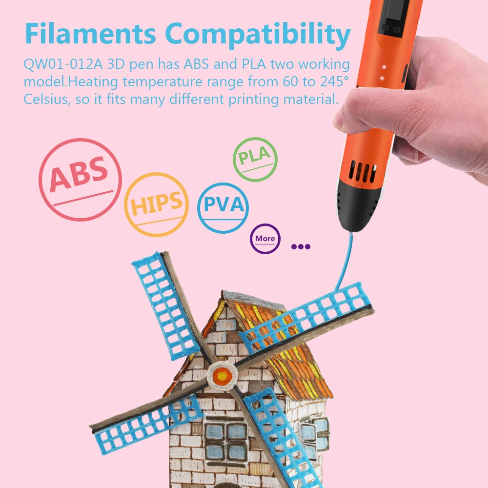 QCREATE 3D Pen Supports ABS PLA HIPS PVA 60-245 Degrees Celsius Range Temperature Adjustable LCD Display 8-Speed Regulation 3d printing pen