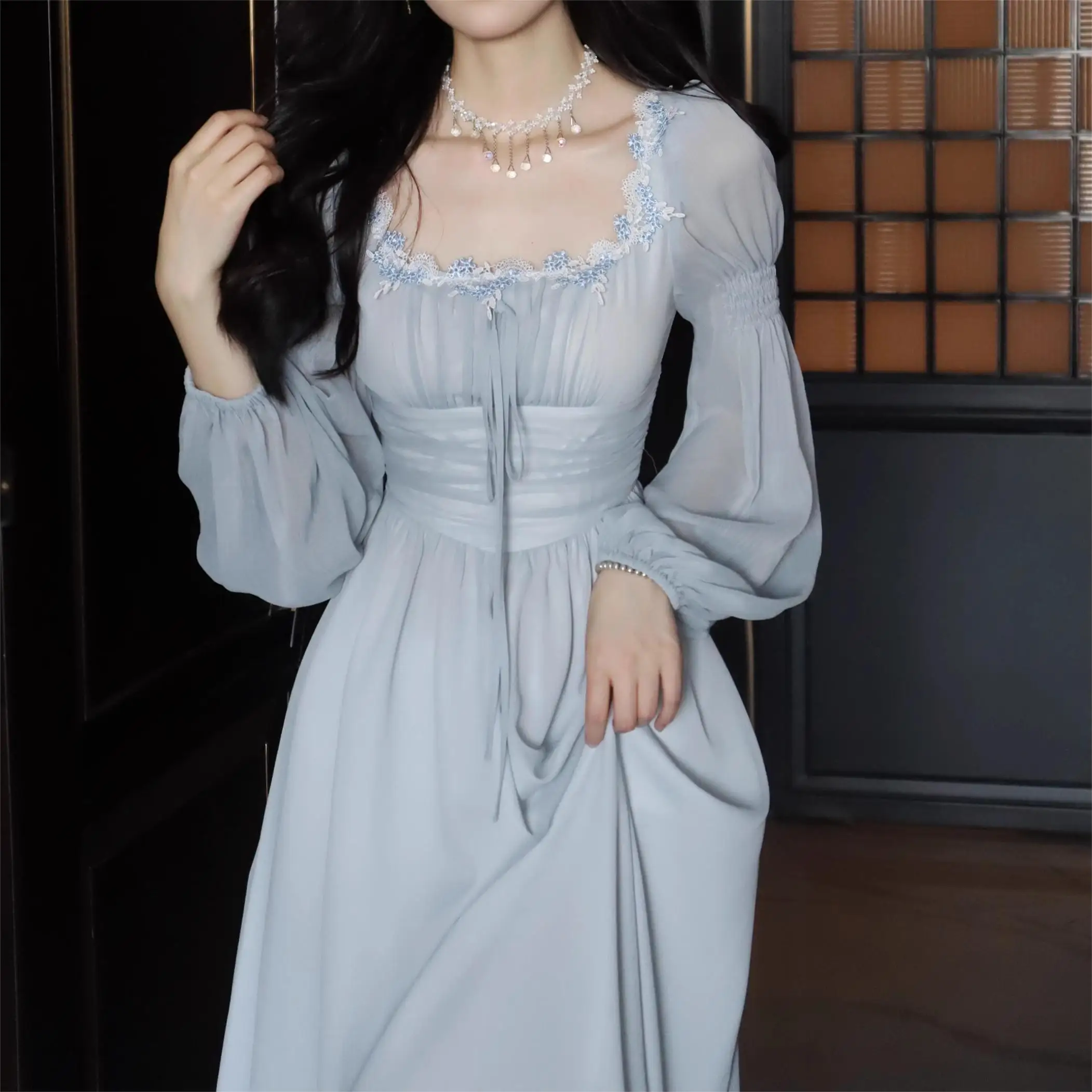 

French Sweet Vintage Fairy Dress Women 2022 Spring Sexy Casual Korean Dress Female Court Chiffon Elegant Long Dresses