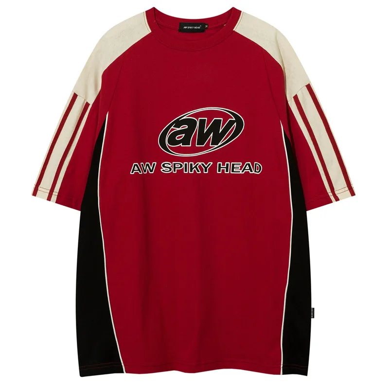 Letter Print Short Sleeve T-shirt Mens Summer Casual Crew Neck Contrast Paneled Cotton Loose Tee Couple Streetwear_voghion.com