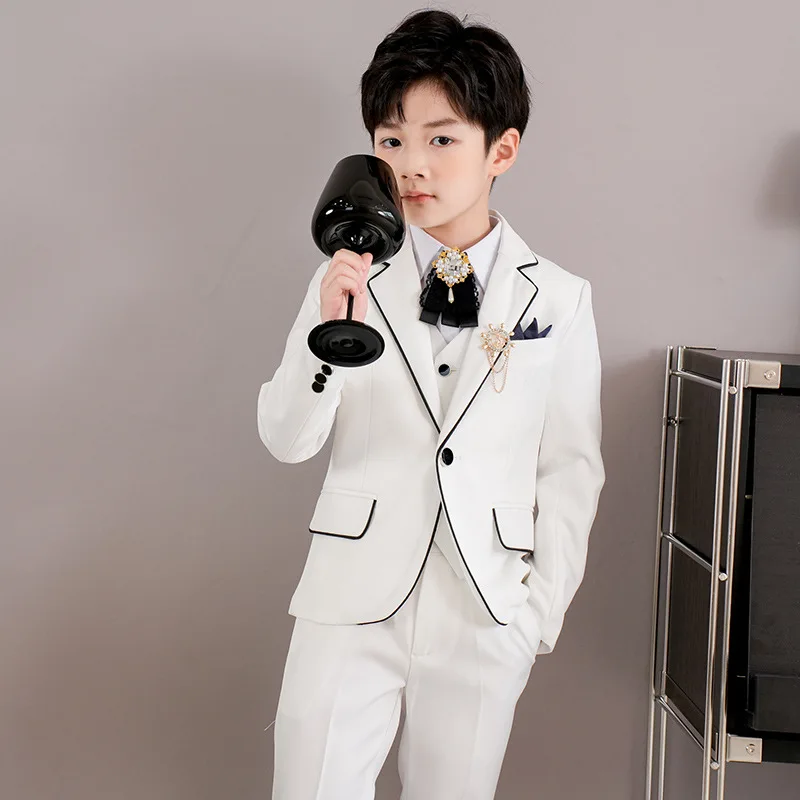 Children's Formal White Suit Set British Handsome Boy Host Dress Piano Catwalk Wedding Party Costume Kids Tuxedo Pants Bowtie