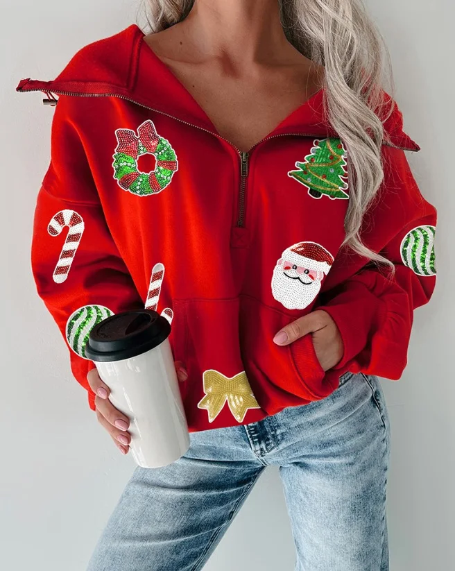 

Fashion 2023 Autumn Women Hoodies Long Sleeve Stand Collar Christmas Sequin Graphic Decor Zipper Design Sweatshirt Jackets Coat