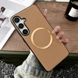 Luxury Lychee Pattern Fabric Magnetic Magsafe Leather Phone Case for Galaxy S24 Plus (Light brown)